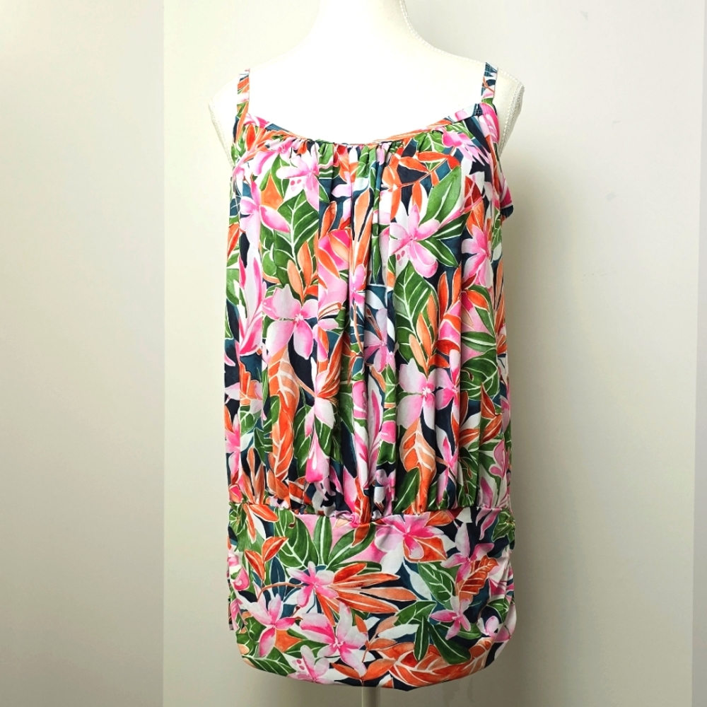 Swimsuits for All floral Swim top padded adjustable straps & thick waist, Sz 14
